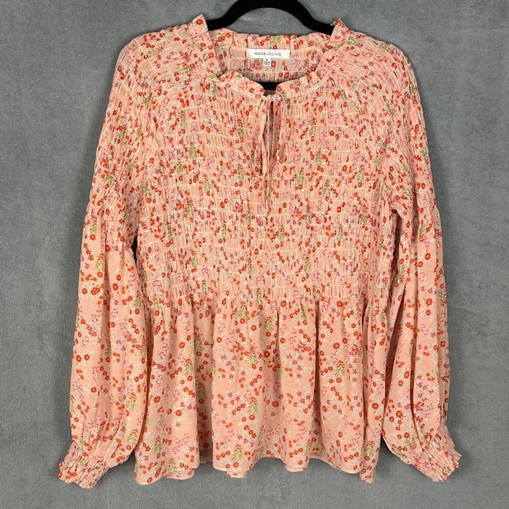 Rose Olive Top Womens Medium Pink Floral Cottage Peasant Boho Feminine Romantic